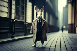 a rabbit wearing a trench coat and tie standing on a street. AI-Generated photo