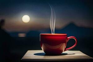 a red cup of coffee on a table with a full moon in the background. AI-Generated photo