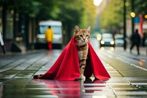 a cat wearing a red cape on a rainy street. AI-Generated photo