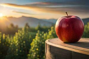 an apple sits on top of a wooden barrel. AI-Generated photo