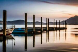 boats docked at the pier at sunset. AI-Generated photo