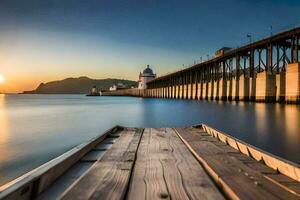 un muelle con un faro a puesta de sol. generado por ai foto