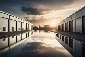 un almacén con un reflejando piscina en el medio. generado por ai foto