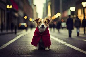 a dog wearing a red coat sits on the street. AI-Generated photo