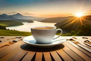 a cup of coffee on a wooden table with a view of the mountains. AI-Generated photo