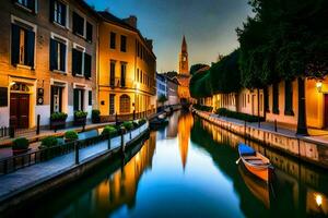 a canal in a city at night with a boat. AI-Generated photo