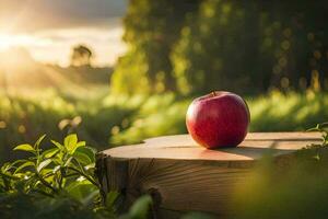 an apple sits on top of a stump in a field. AI-Generated photo