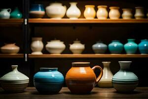 a row of colorful vases on a shelf. AI-Generated photo