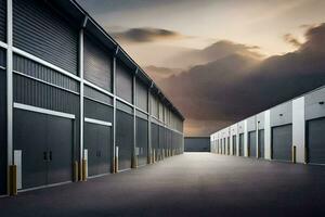 a long row of storage units with dark clouds in the background. AI-Generated photo