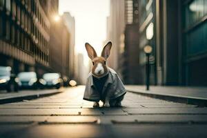 a rabbit in a coat standing on a street. AI-Generated photo