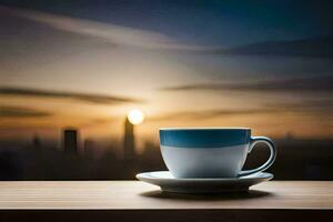 a cup of coffee on a table with a city in the background. AI-Generated photo