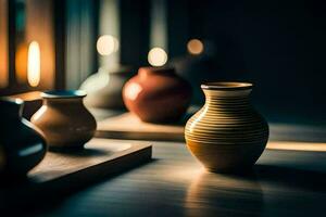 a row of vases on a table in front of a window. AI-Generated photo