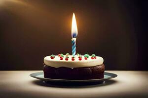 a birthday cake with a single candle on top. AI-Generated photo