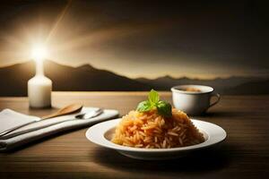 un plato de pasta y un taza de café en un mesa en el montañas. generado por ai foto