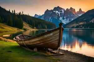 a boat sits on the shore of a lake at sunset. AI-Generated photo