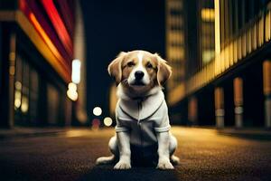 a dog sitting on the street at night. AI-Generated photo