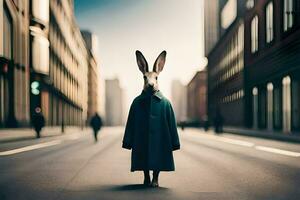 a rabbit wearing a coat and standing in the middle of a city street. AI-Generated photo