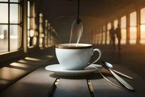 a cup of coffee on a table with a spoon and fork. AI-Generated photo