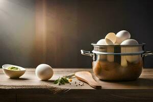a pan with eggs and herbs on a table. AI-Generated photo