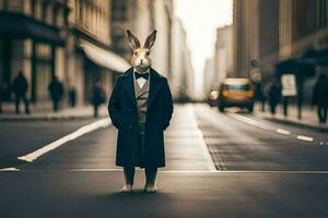 a rabbit wearing a suit and tie standing on the street. AI-Generated photo