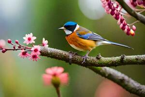 a bird sits on a branch with pink flowers. AI-Generated photo