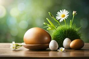 easter eggs and daisies on a wooden table. AI-Generated photo