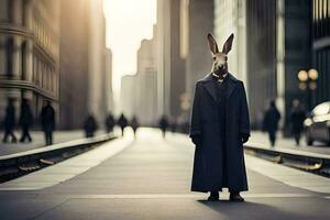 un Conejo en un Saco y Corbata en pie en el medio de un ciudad calle. generado por ai foto