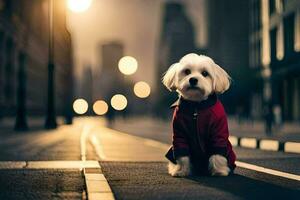 a small white dog in a red jacket sitting on the street. AI-Generated photo