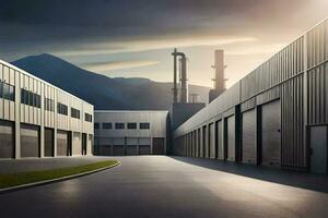 a factory building with a large factory in the background. AI-Generated photo
