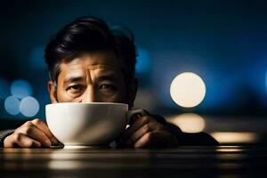 un hombre es participación un café taza. generado por ai foto