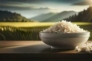 rice in a bowl on a table. AI-Generated photo