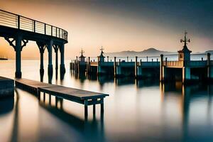 a pier with wooden benches and a pier at sunset. AI-Generated photo