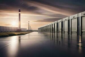 a row of large metal storage units at sunset. AI-Generated photo