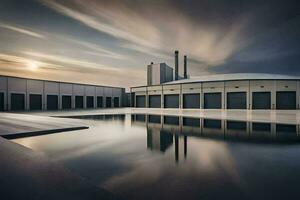 un grande edificio con un piscina en frente de él. generado por ai foto