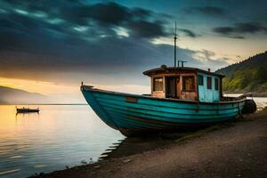 a boat sits on the shore of a lake at sunset. AI-Generated photo