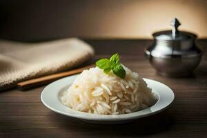 un plato de arroz con un hoja en cima. generado por ai foto