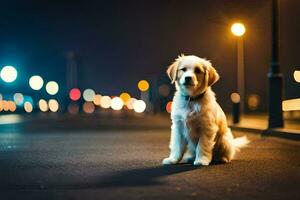 a dog sitting on the street at night. AI-Generated photo