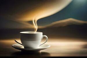 a cup of coffee on a table with a mountain in the background. AI-Generated photo
