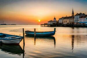 barcos en el agua a puesta de sol con edificios en el antecedentes. generado por ai foto