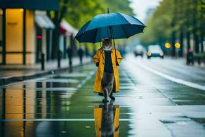 un mujer en un amarillo impermeable caminando su perro en el lluvia. generado por ai foto