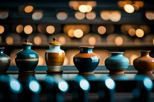 a row of vases on a table. AI-Generated photo