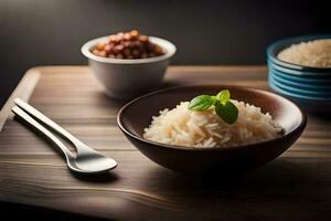 a bowl of rice with a spoon and spoons on a wooden table. AI-Generated photo