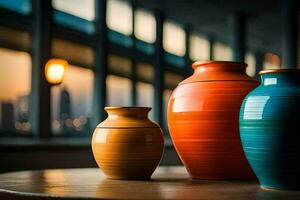 three colorful vases sitting on a table in front of a window. AI-Generated photo