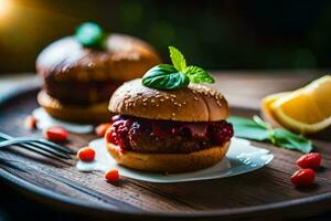 two hamburgers with berry sauce on a wooden plate. AI-Generated photo