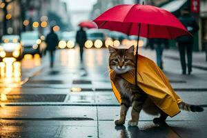 a cat in a raincoat walking down a street. AI-Generated photo