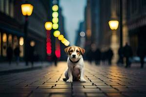 a dog sitting on the street in front of a city. AI-Generated photo