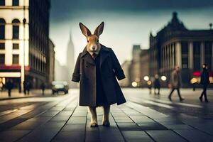 a rabbit in a coat and tie standing on a city street. AI-Generated photo