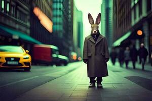 a rabbit wearing a coat and hat in the middle of a city street. AI-Generated photo