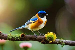 a colorful bird sits on a branch with flowers. AI-Generated photo