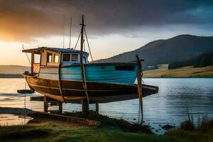 a boat sits on the shore at sunset. AI-Generated photo